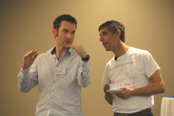 Michael Sahota talking with Certified Scrum Trainer Rowan Bunning at a CAL1 course Michael Sahota talking with Certified Scrum Trainer Rowan Bunning at a CAL1 course